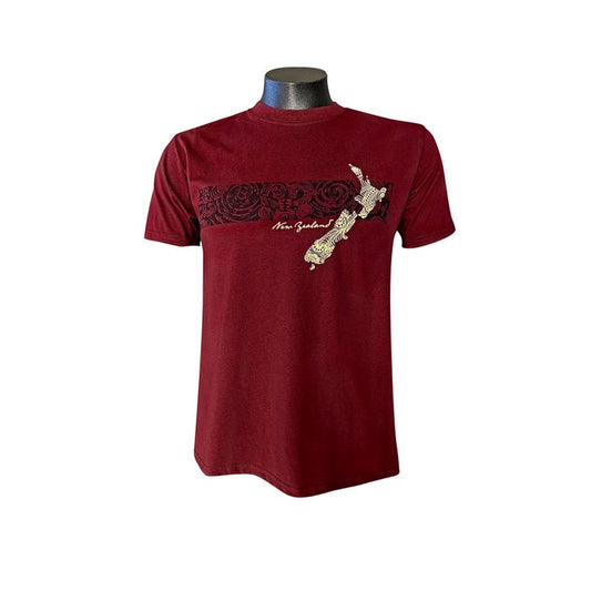 Adults T-Shirt Map Kowhaiwhai Burgundy Marl