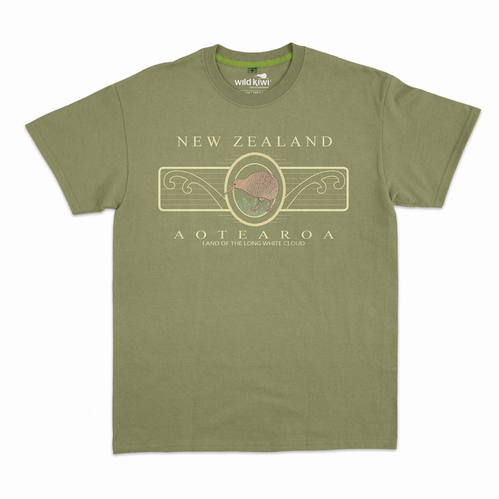 Wild Kiwi WK Mens T - Khaki - Embroided Kiwi Koru