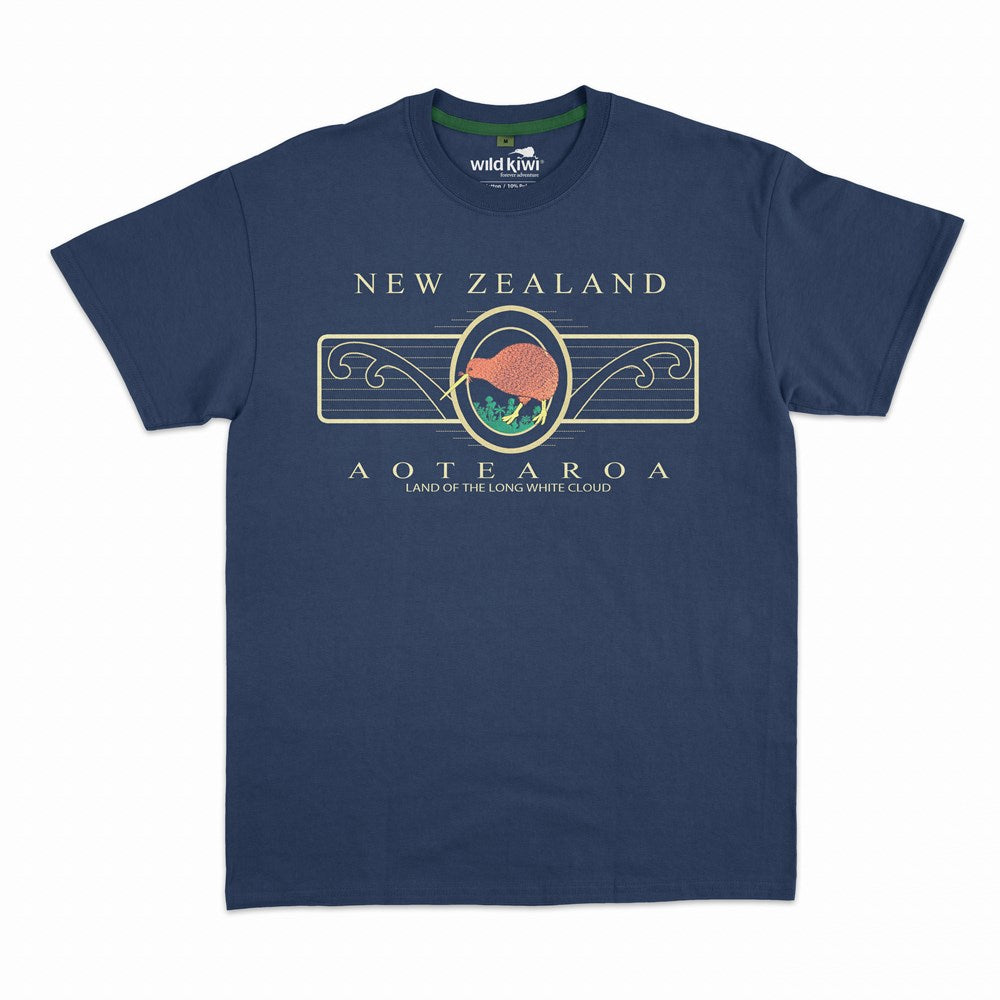 Wild Kiwi Mens T - Navy - Embroided Kiwi Koru