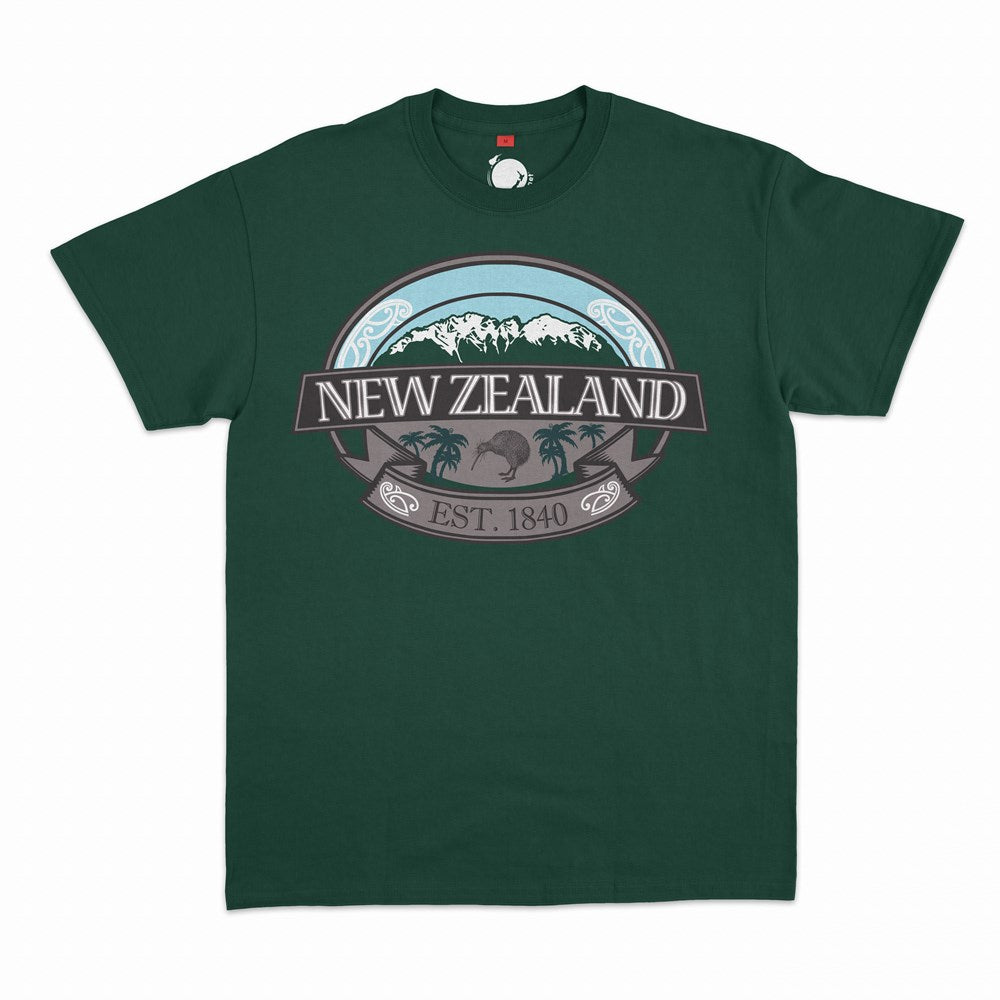 Kiwi Planet  Mens T - Teal - Mountains/Kiwi