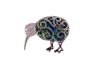 Boxed rhodium paua kiwi brooch