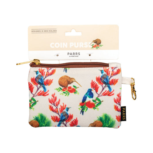 Coin Purse Birds Flower Beige