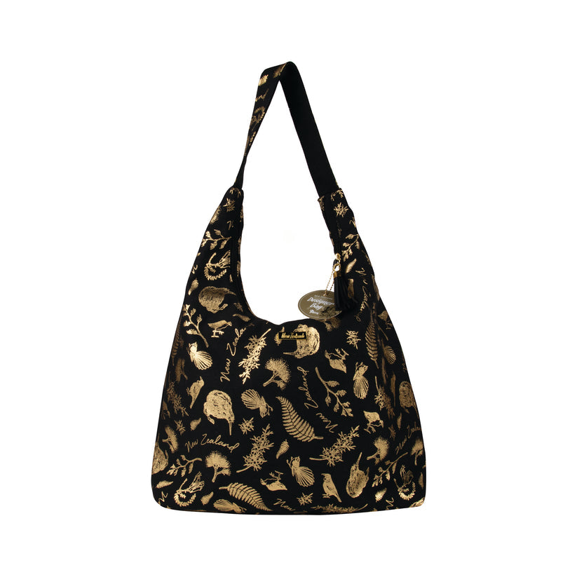 Shoulder Bag Black and Gold Birds