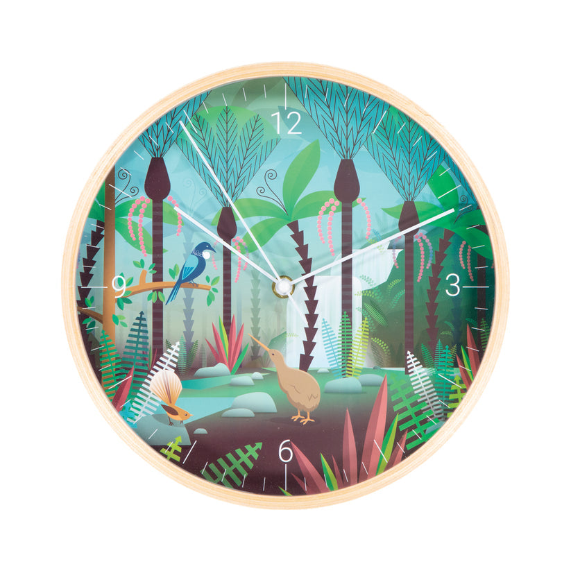 Wall Clock Wooden NZ Scene Birds & Bush 25cm