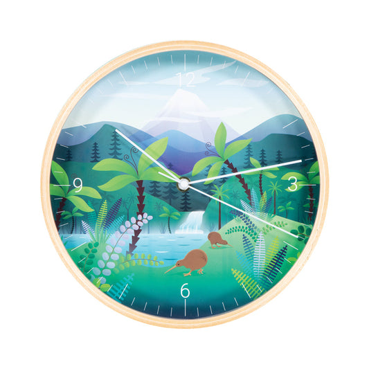 Wall Clock Wooden NZ Scene Kiwi 25cm